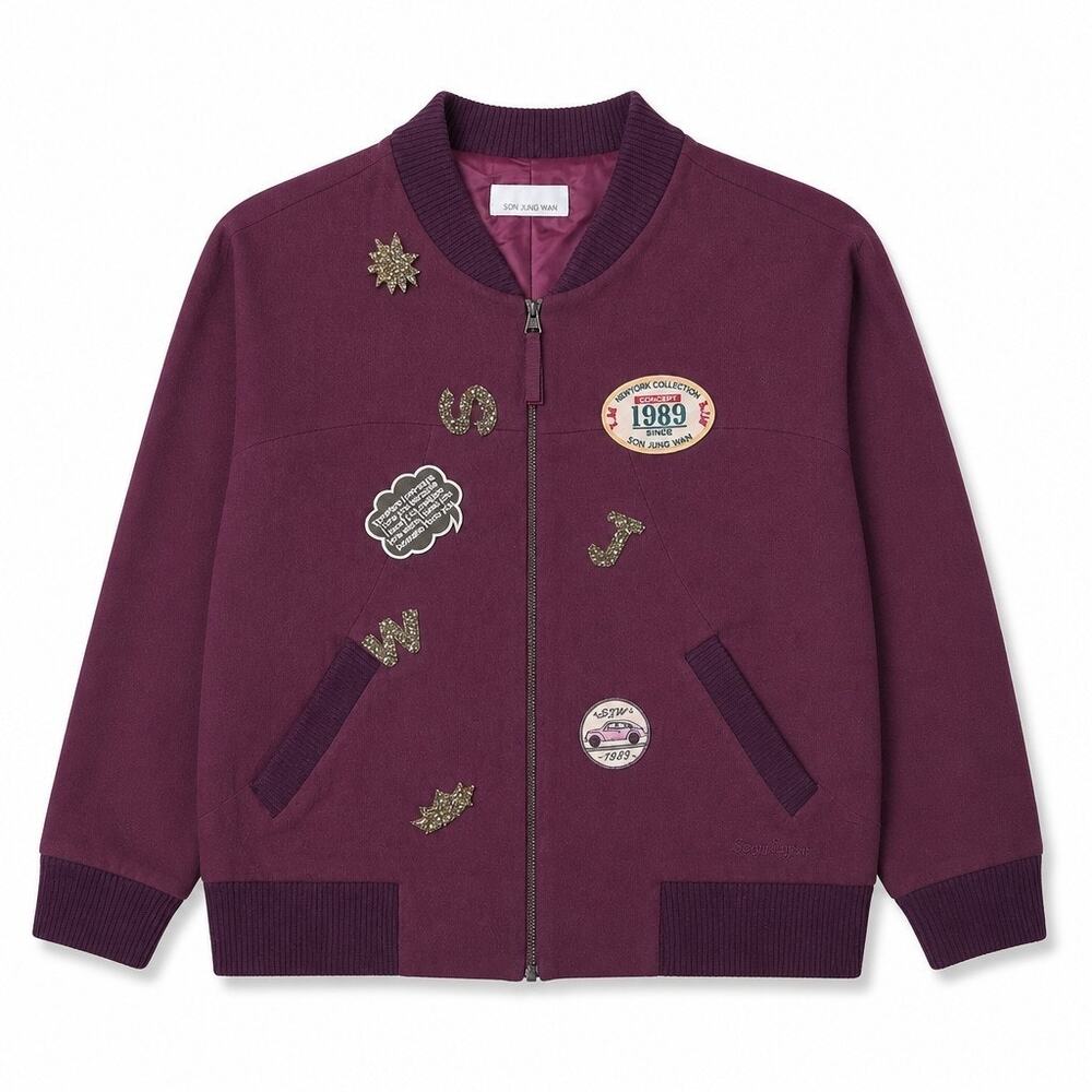 Son Jung Wan Wool Blend Embroidered Patch Bomber Jacket Burgundy Maroon M Korea